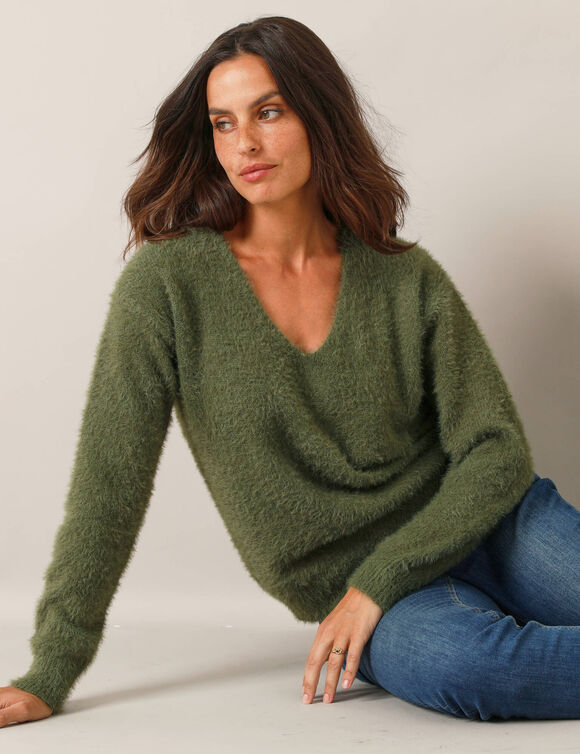 Pull décolleté dos avec liens à nouer, maille poilue (vert tilleul) Pull décolleté dos avec liens à nouer, maille poilue (vert tilleul)
